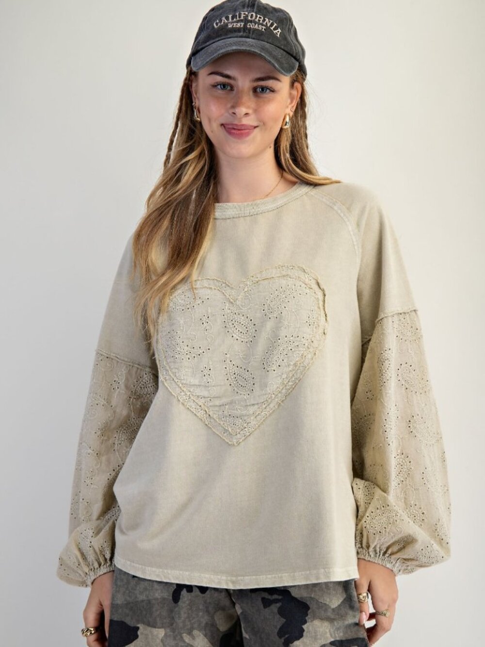 PLUS Easel Eyelet Lace Heart Patched Mineral Washed Cotton Top in Faded Sage